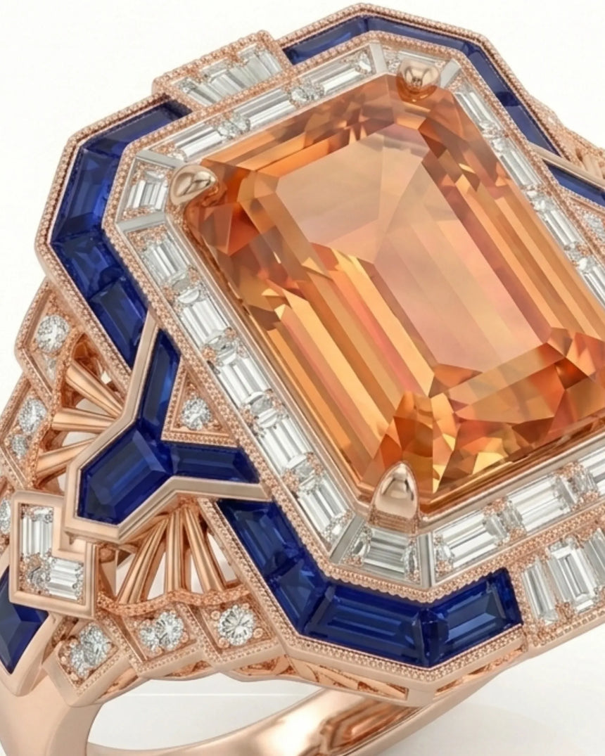18K rose gold emerald cut Topaz setting with sapphire geometric frame - SARATTI
