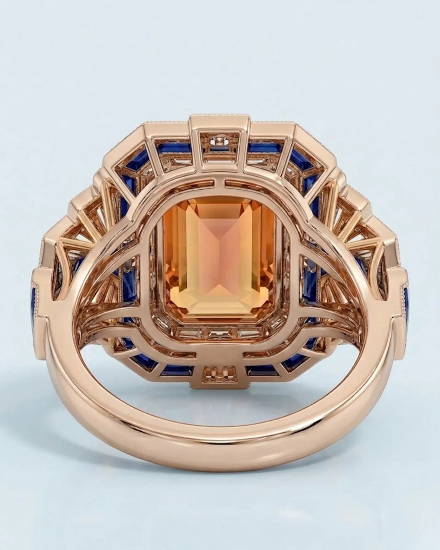 18K rose gold emerald cut Topaz setting with sapphire geometric frame | SARATTI