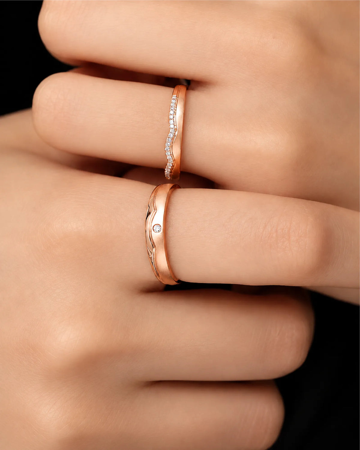18K rose gold half eternity diamond wedding set for weddings, anniversaries, and coordinated couple styling | SARATTI