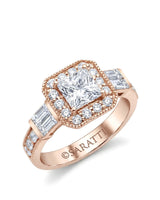 18K rose gold princess-cut moissanite engagement ring with halo and baguette accents | SARATTI