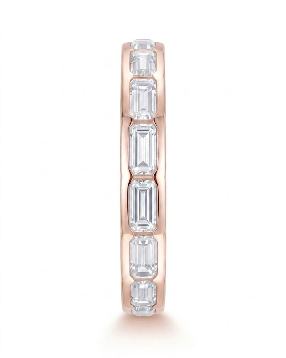 18K rose gold wedding band featuring emerald-cut diamonds in a sleek geometric bezel-set design | SARATTI