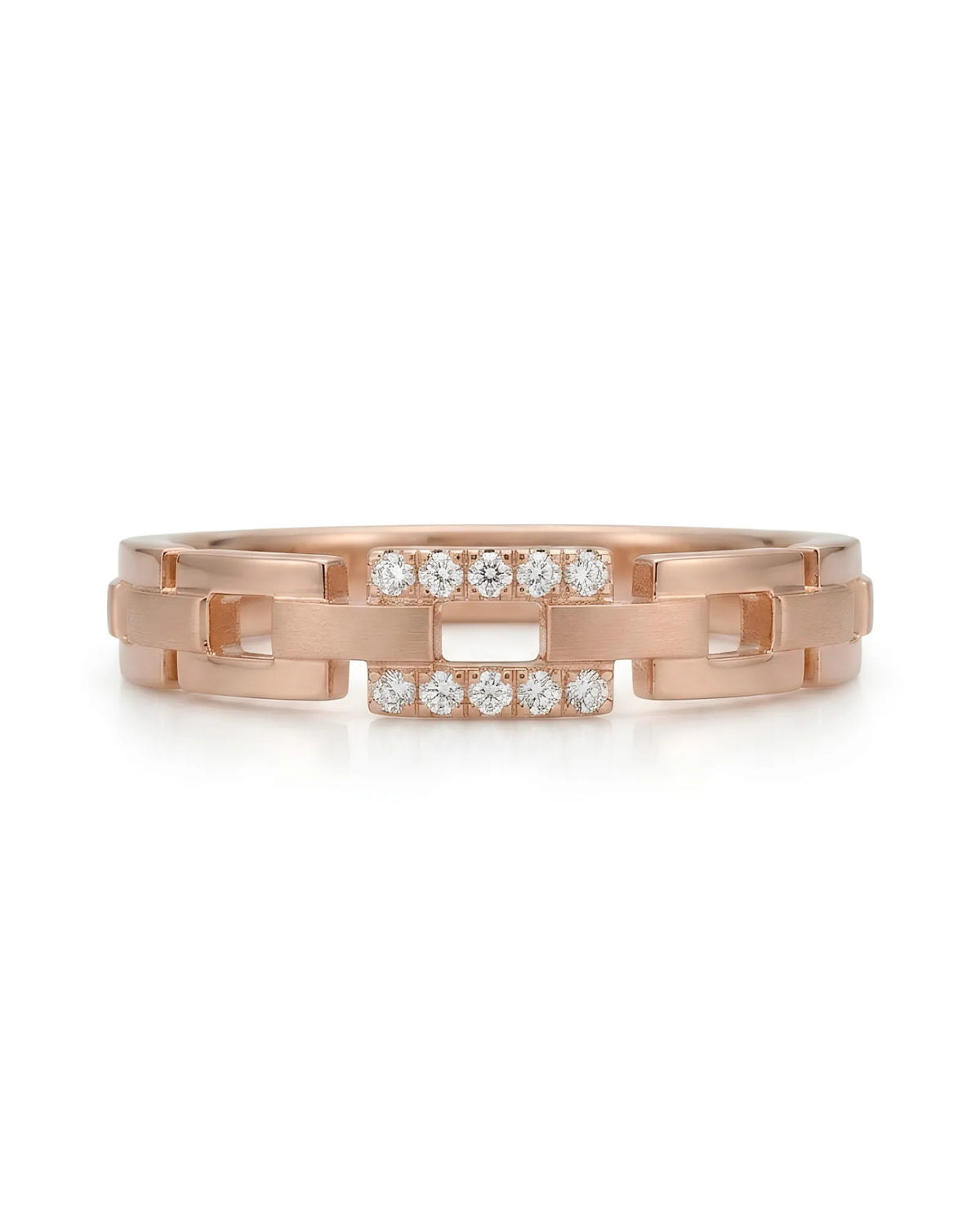 18K rose gold wedding ring featuring interlocking geometric links and brilliant diamond accents | SARATTI