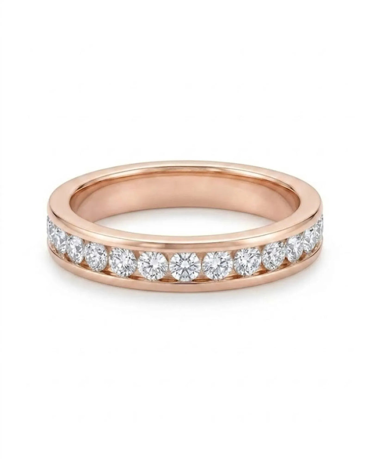 18K rose gold wedding ring set featuring round natural diamonds channel set around the female eternity band | SARATTI