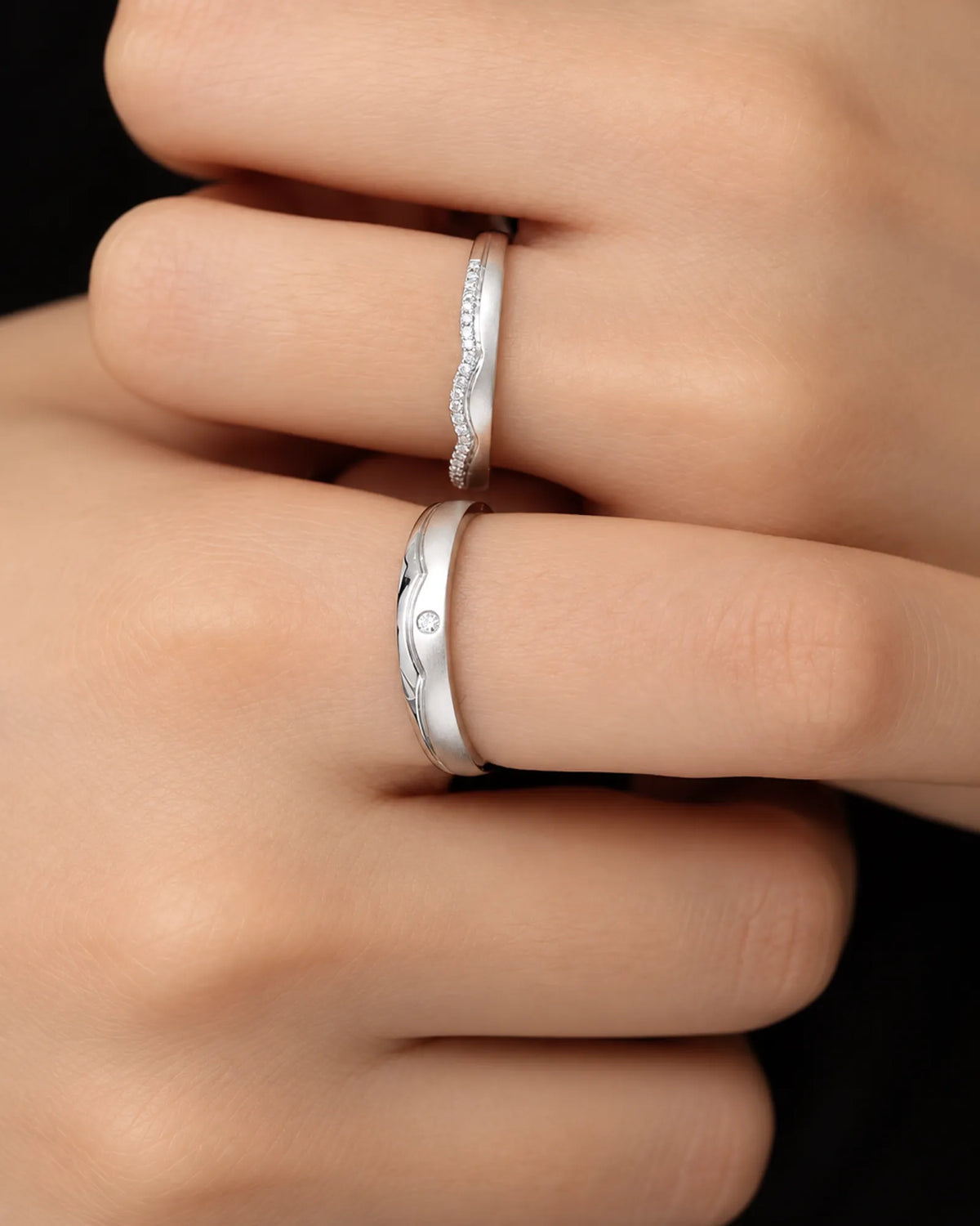 18K white gold diamond wedding set featuring elegant half eternity detailing and coordinated band styling | SARATTI