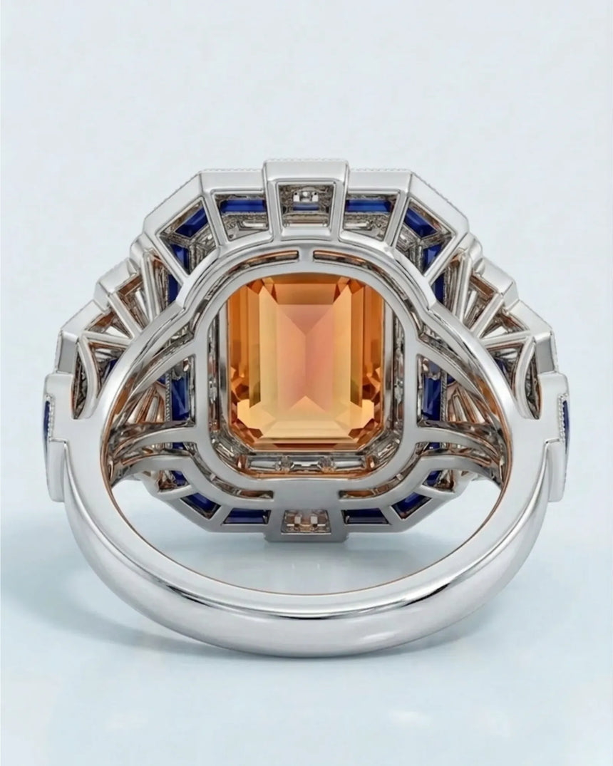 18K white gold emerald cut Topaz setting with Art Deco geometry | SARATTI