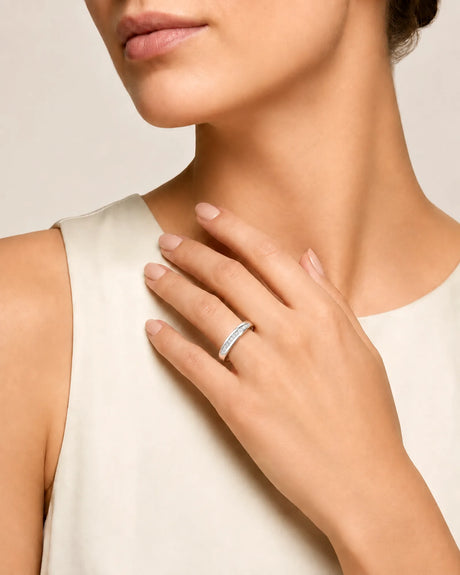 18K white gold eternity ring featuring oblong diamonds secured in a sleek channel-set wedding band design | SARATTI