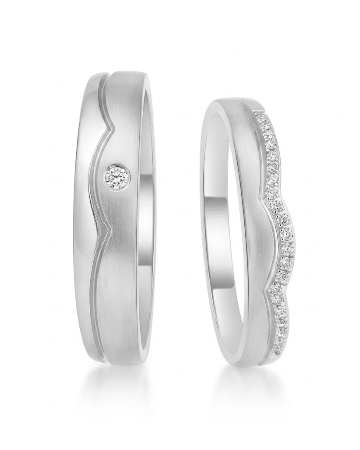 18K white gold half eternity diamond wedding set for weddings, anniversaries, and coordinated couple styling | SARATTI