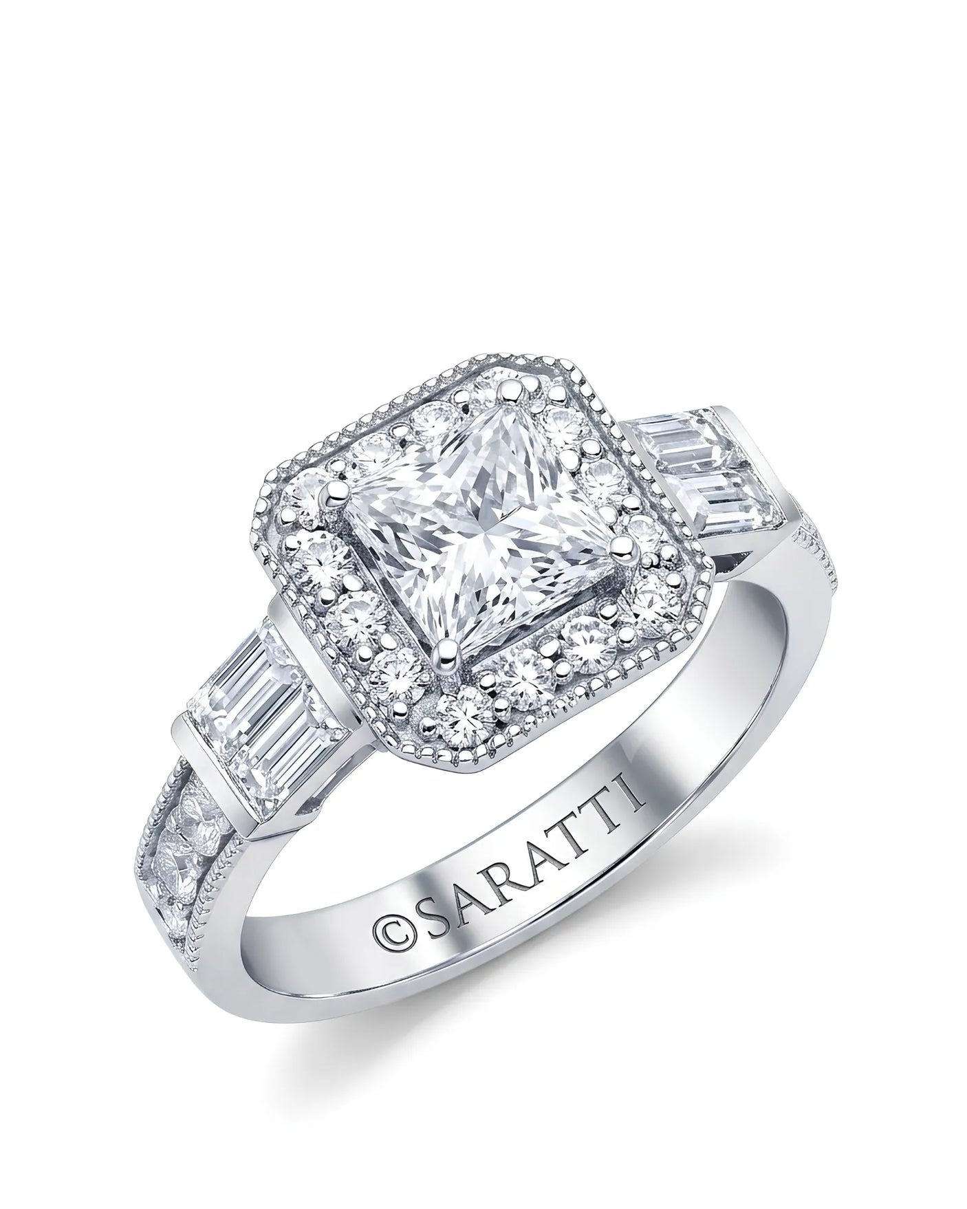 18K white gold princess-cut moissanite engagement ring with round halo and baguette side stones | SARATTI