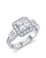18K white gold princess-cut moissanite engagement ring with round halo and baguette side stones | SARATTI