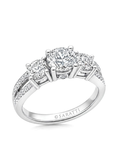 18K white gold round moissanite engagement ring with three-stone setting and pavé split shank | SARATTI