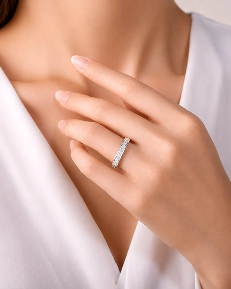 18K white gold wedding band featuring emerald-cut diamonds in a sleek geometric bezel-set design | SARATTI