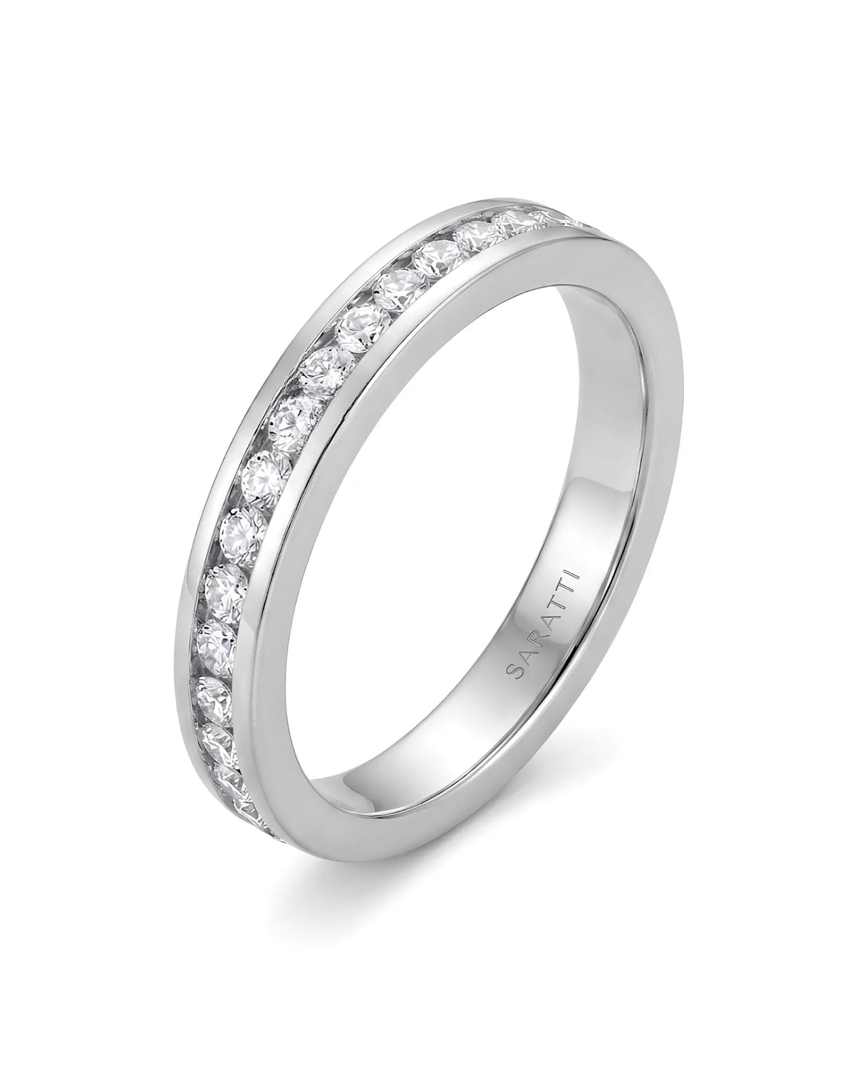 18K white gold wedding ring set featuring round natural diamonds channel set around the female eternity band | SARATTI