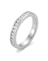 18K white gold wedding ring set featuring round natural diamonds channel set around the female eternity band | SARATTI