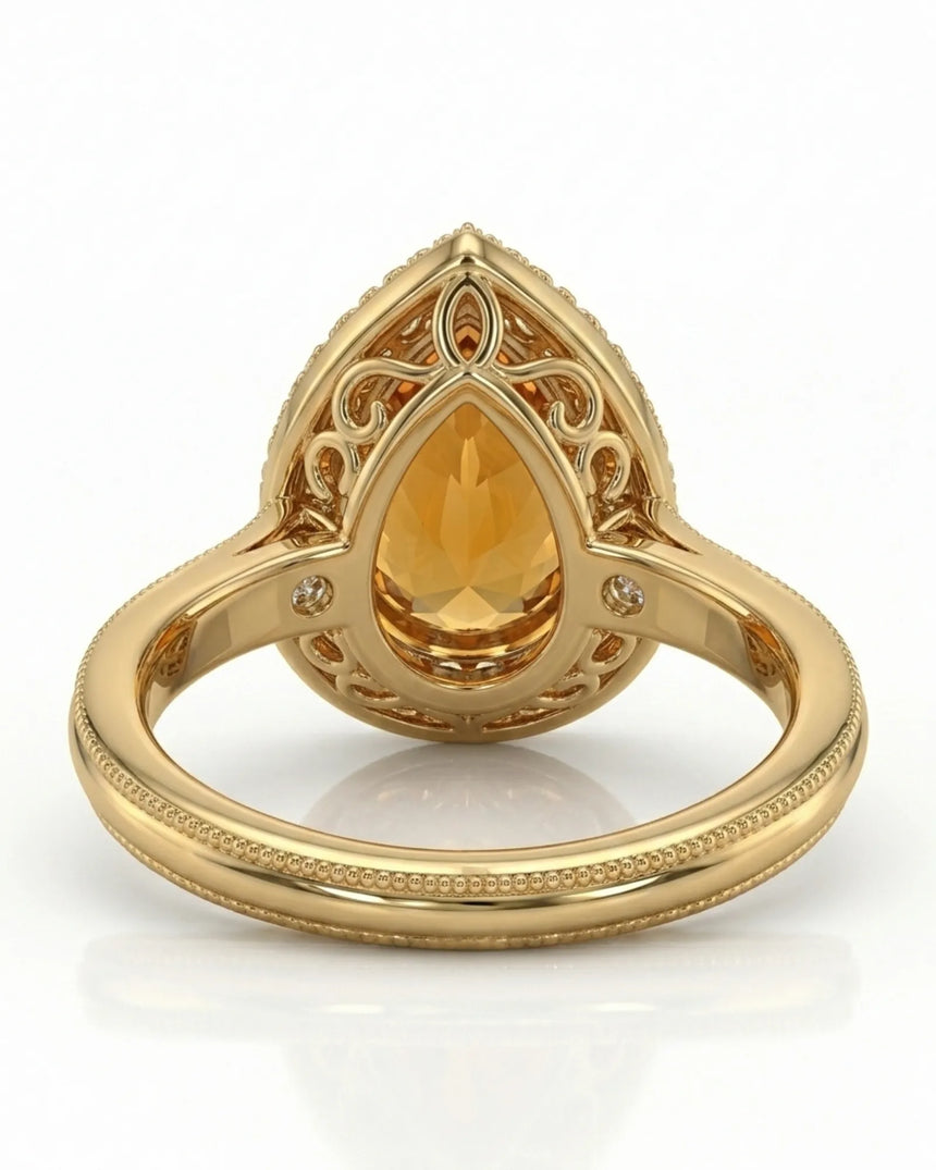 18K yellow gold double halo setting with open scrollwork gallery | SARATTI
