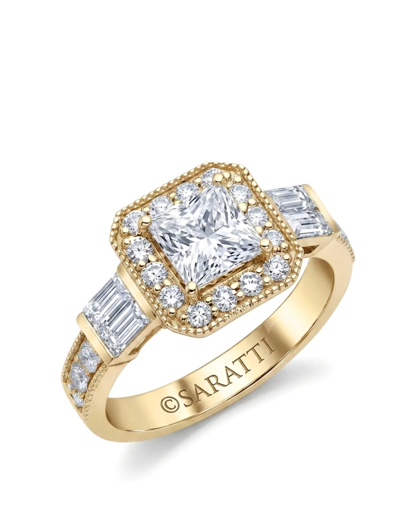 18K yellow gold princess-cut moissanite engagement ring with halo and baguette side stones | SARATTI