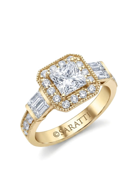 18K yellow gold princess-cut moissanite engagement ring with halo and baguette side stones | SARATTI