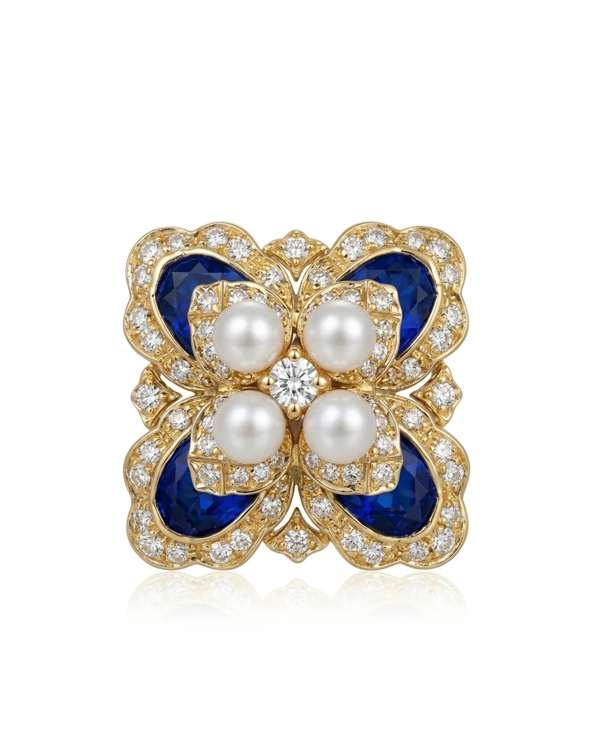18K yellow gold natural sapphire pearl diamond stud earrings angled view | SARATTI