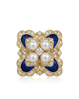 18K yellow gold natural sapphire pearl diamond stud earrings angled view | SARATTI