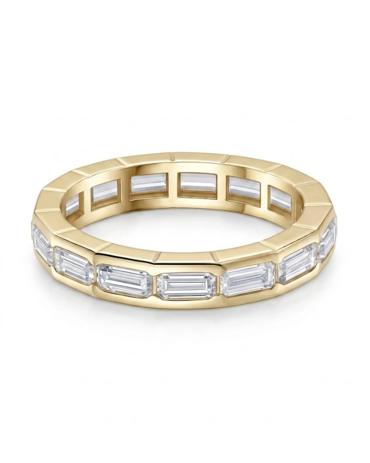 18K yellow gold wedding band featuring emerald-cut diamonds in a sleek geometric bezel-set design | SARATTI