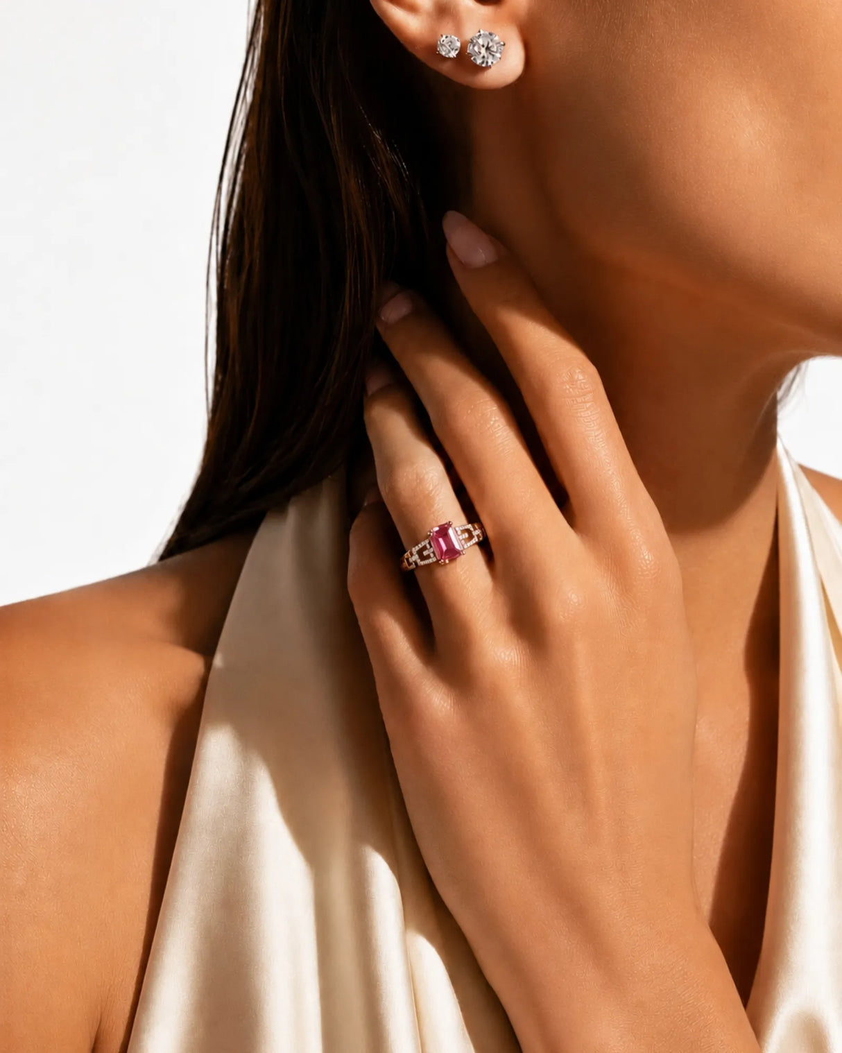 Pink tourmaline engagement ring with Art Deco diamond shoulders in 18K rose gold | SARATTI