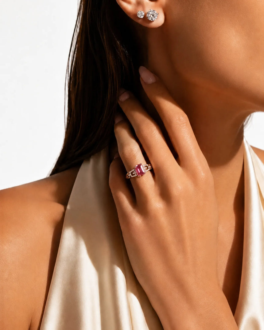 Pink tourmaline engagement ring with Art Deco diamond shoulders in 18K rose gold | SARATTI