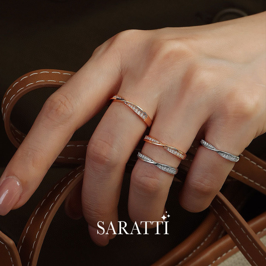 Model Wears White and Rose Gold Diamond Eternity Wedding Bands stacked |  Saratti 