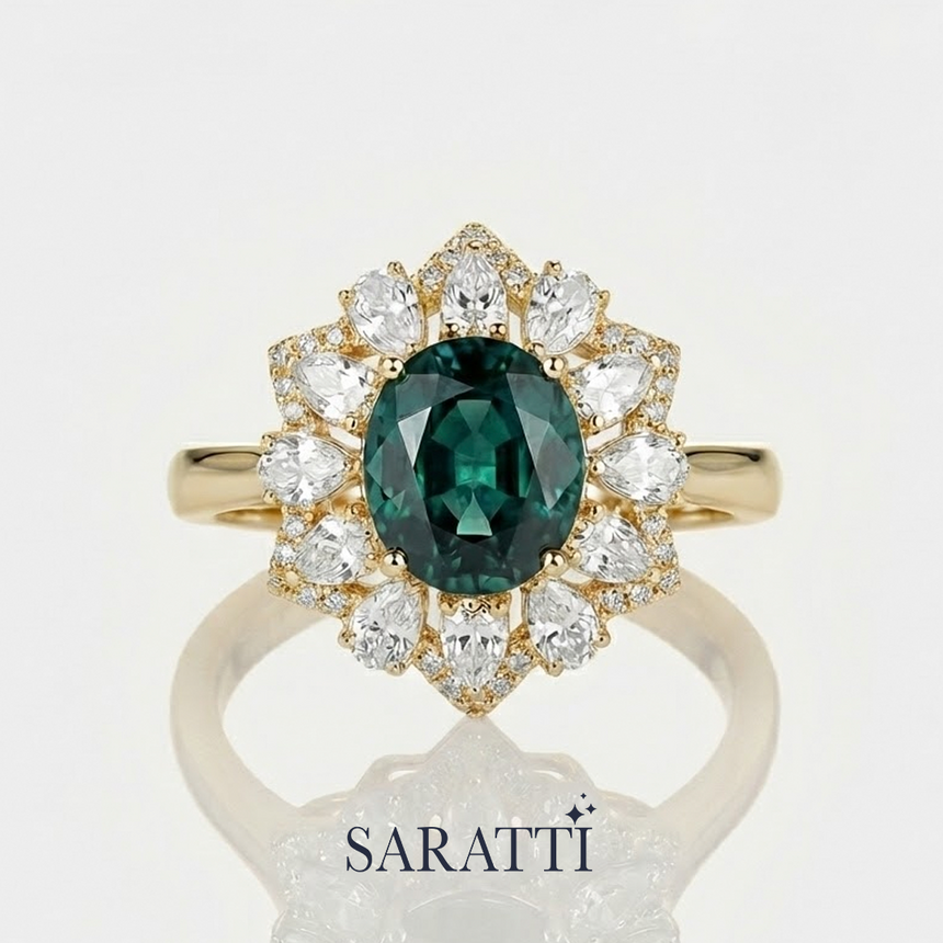 18k Yellow Gold Green Sapphire Gemstone Ring with Natural Diamonds | SARATTI