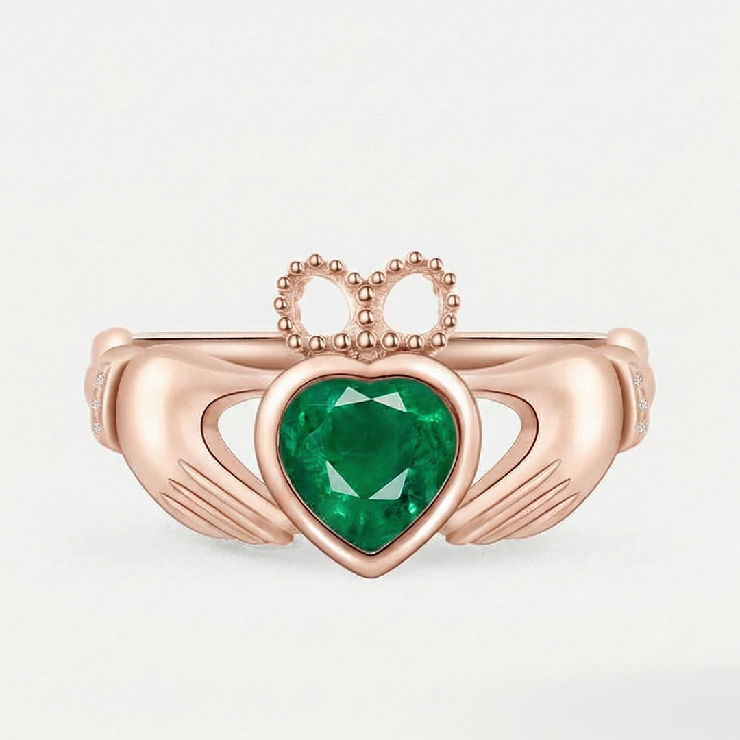 18k rose gold coronet heart claddagh ring with 1 carat heart emerald | SARATTI