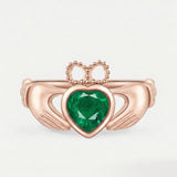 18k rose gold coronet heart claddagh ring with 1 carat heart emerald | SARATTI
