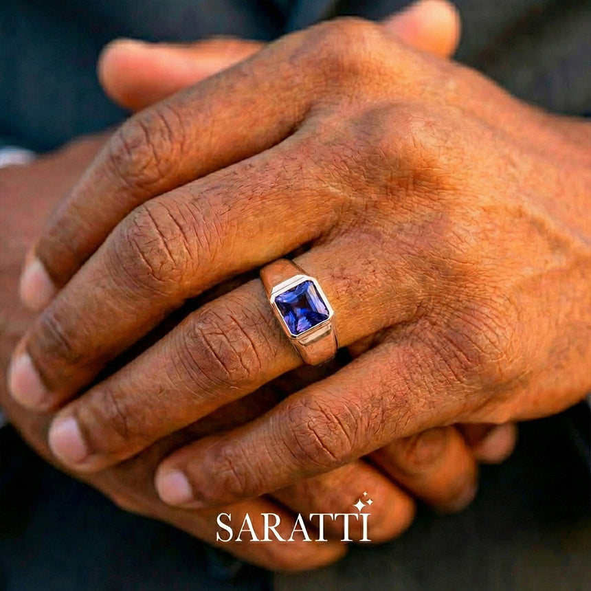 18k rose gold orion men’s tanzanite ring emerald cut center stone signet design | SARATTI