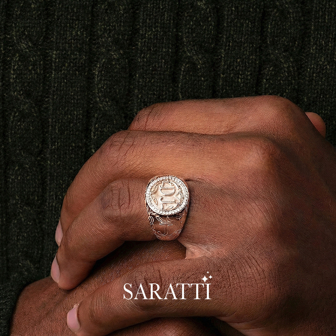 18k rose gold regalia d’oro II signet ring with diamond halo crest design | SARATTI  