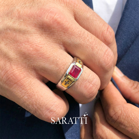 18k white and yellow gold dominion men’s ruby cross ring emerald cut bezel design | SARATTI
