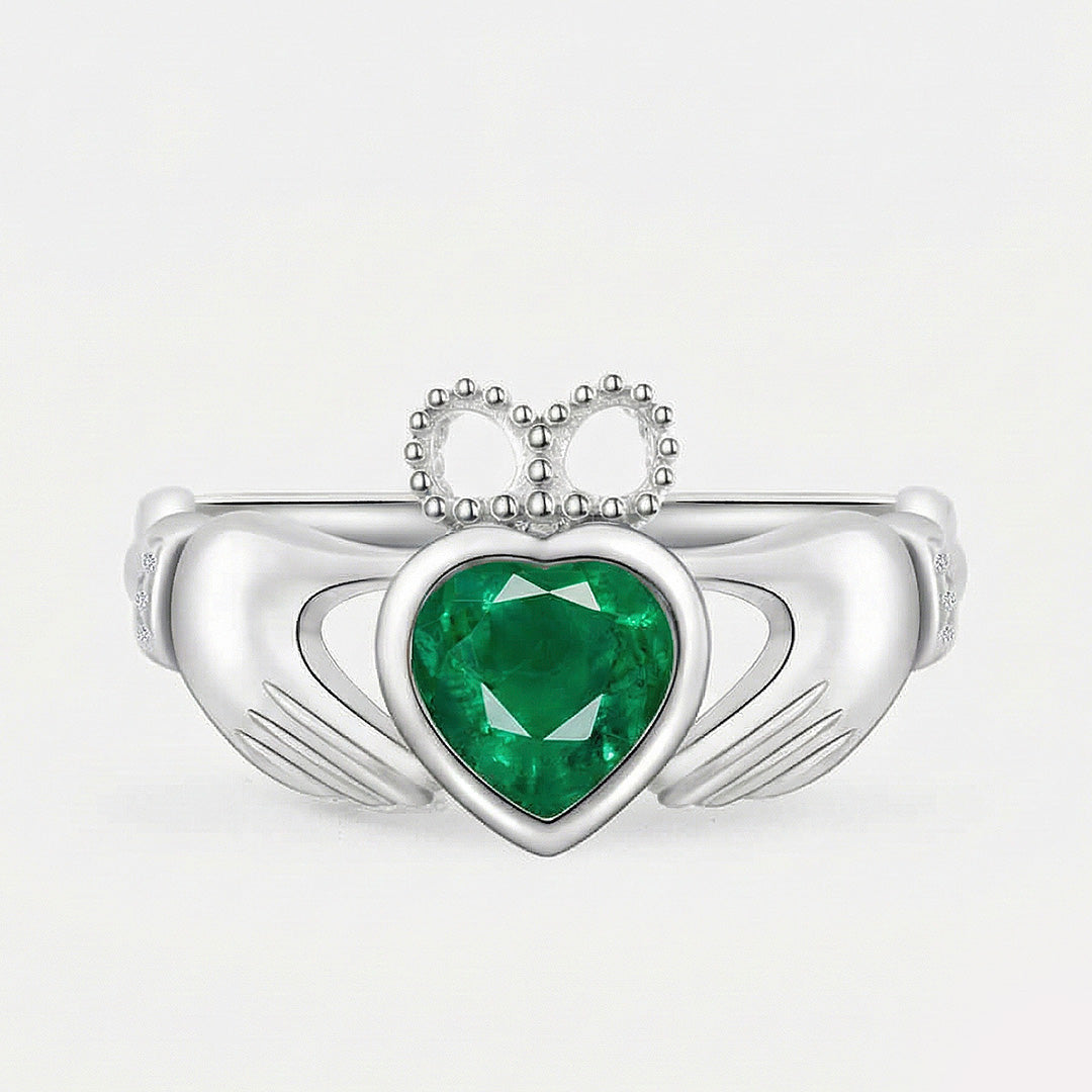 18k white gold coronet heart claddagh ring with 1 carat heart emerald | SARATTI