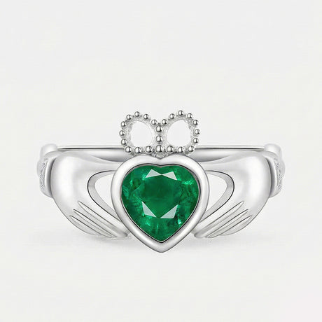18k white gold coronet heart claddagh ring with 1 carat heart emerald | SARATTI