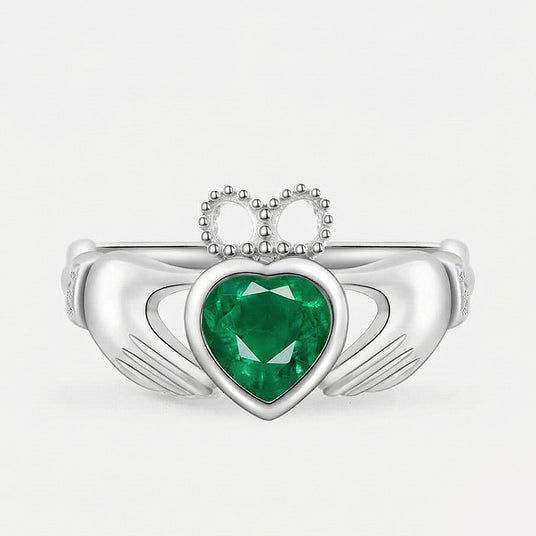 18k white gold coronet heart claddagh ring with 1 carat heart emerald | SARATTI