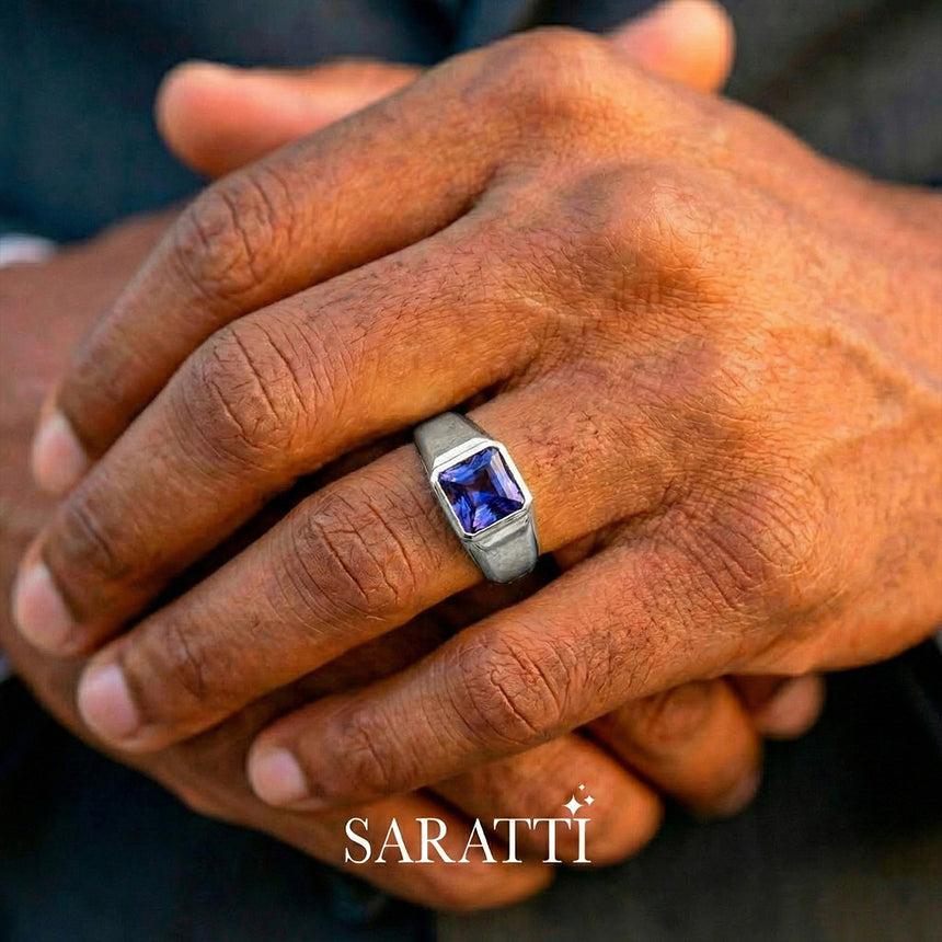 18k white gold orion men’s tanzanite ring emerald cut center stone signet design | SARATTI