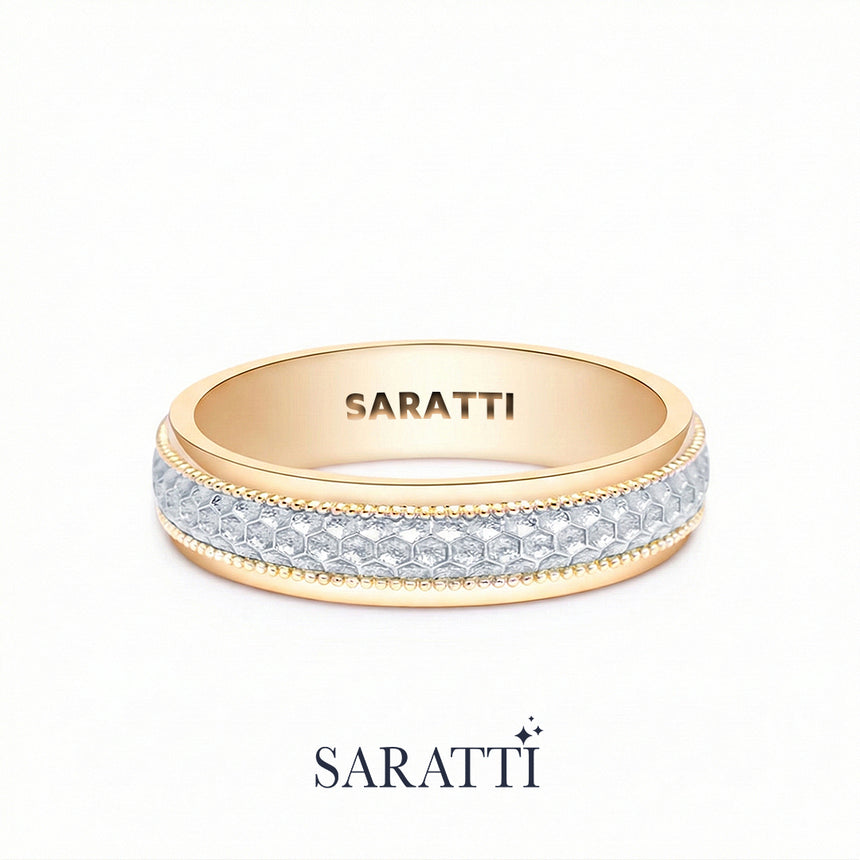 18k yellow and white gold aurelian men honeycomb wedding band geometric textured design | SARATTI