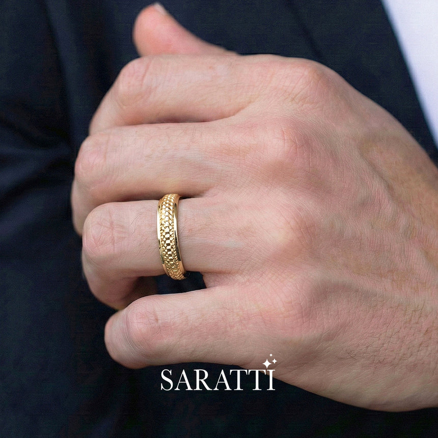 18k yellow gold aurelian men honeycomb wedding ring geometric hexagon band | SARATTI