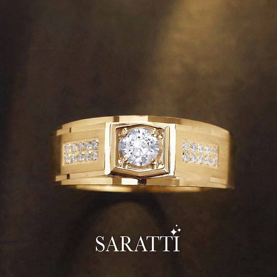 18k yellow gold six paths echelon men’s diamond ring with pavé shoulder panels | SARATTI