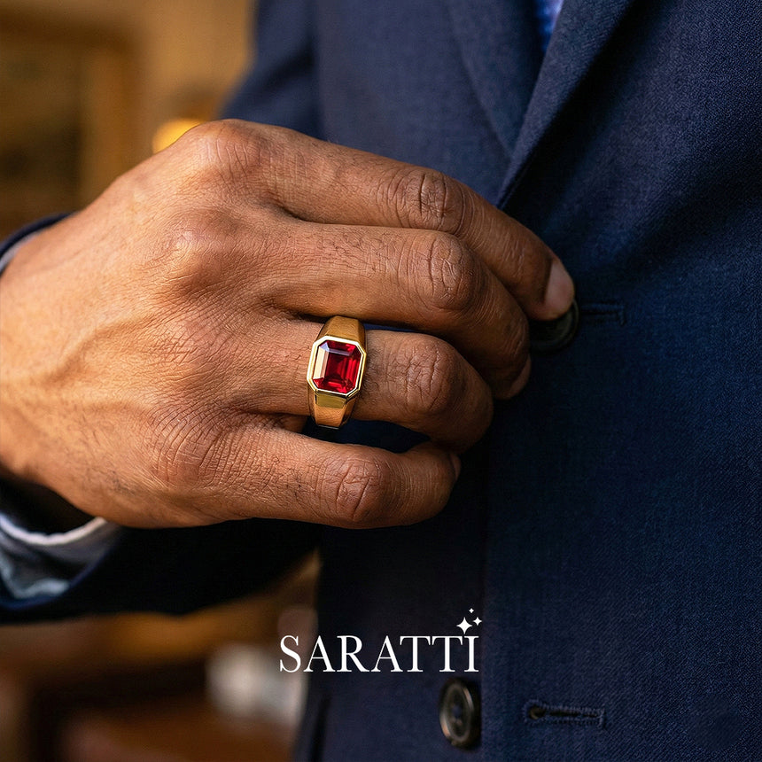 18k yellow gold sovereign men’s garnet ring step cut center signet band | SARATTI