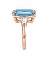 Luxury emerald cut aquamarine ring with baguette diamonds and rose gold setting | SARATTI