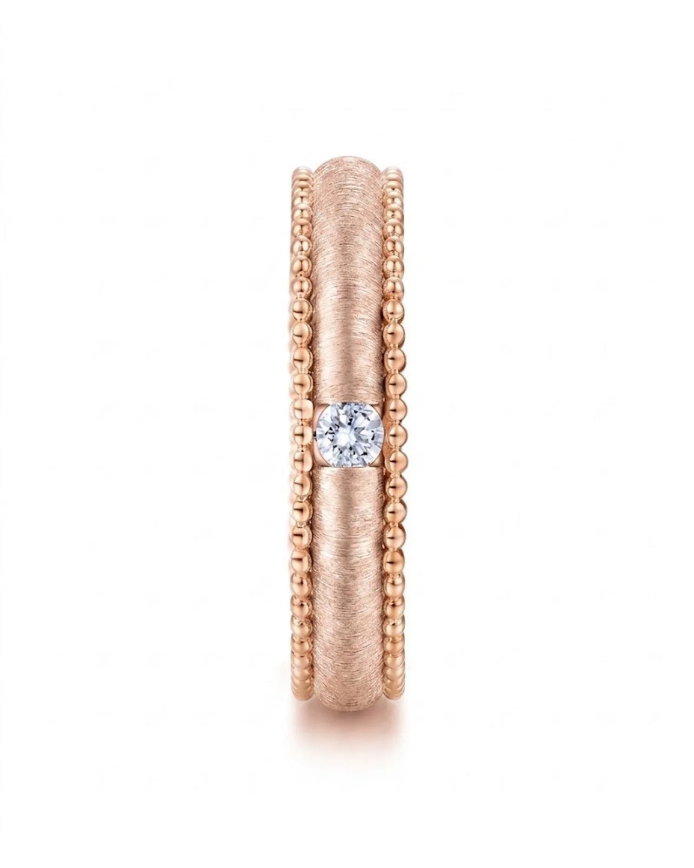 Round natural diamond wedding band framed by intricate textured craftsmanship in romantic 18K rose gold | SARATTI