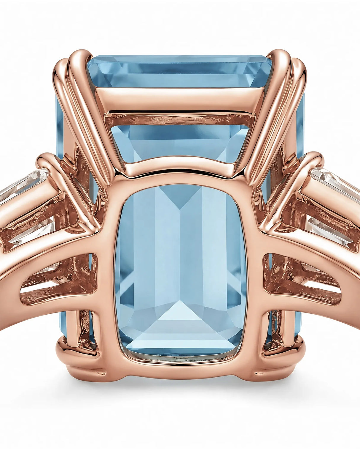 Équilibre emerald-cut Aquamarine baguette three-stone ring setting in precious metal, side view | SARATTI