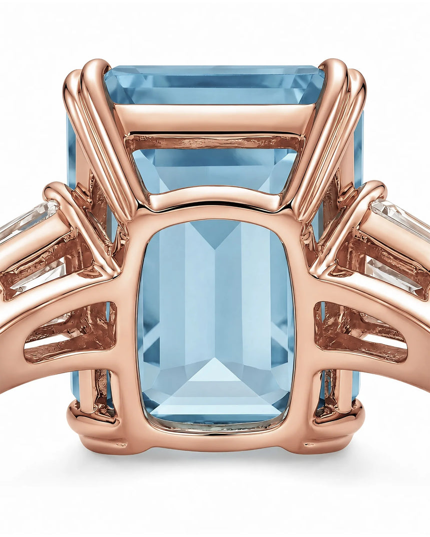 Emerald Cut Aquamarine Three Stone Ring