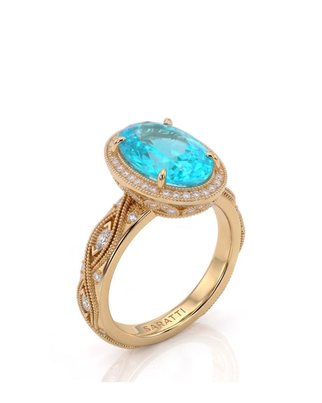 VIRELIA Oval Paraiba Tourmaline vintage milgrain diamond setting in yellow gold