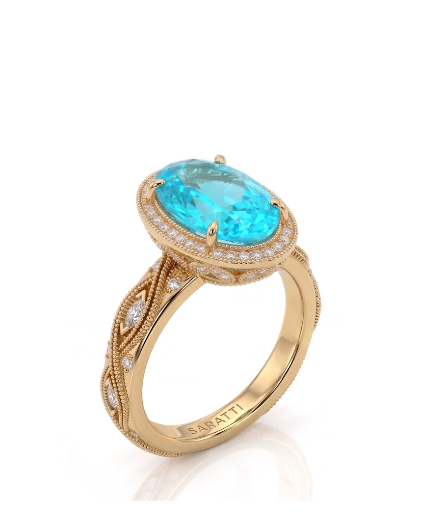 VIRELIA Oval Paraiba Tourmaline vintage milgrain diamond setting in yellow gold