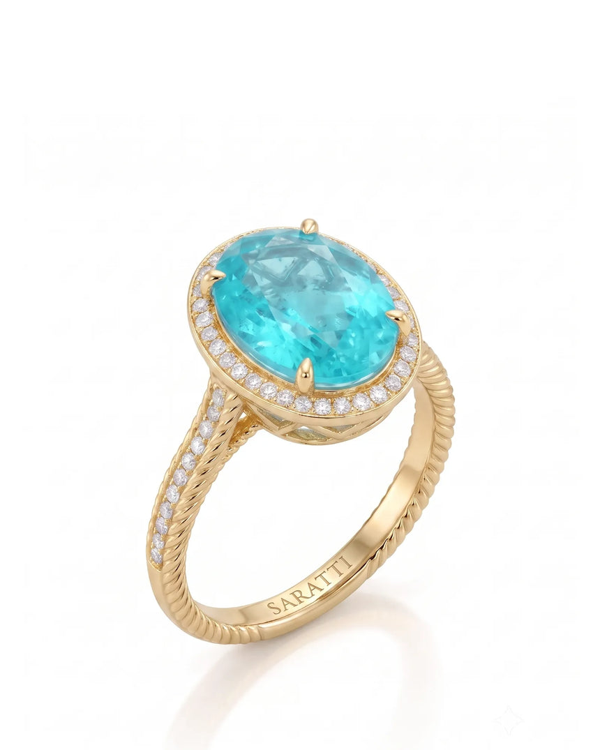 Yellow gold view of Cordelle Halo Oval Paraiba Tourmaline diamond rope band setting | SARATTI