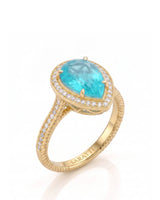 Cordelle Halo Pear Paraiba Tourmaline diamond rope band setting in yellow gold