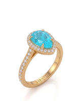 Yellow gold view of Solenne Halo Pear Paraiba Tourmaline diamond halo setting | SARATTI
