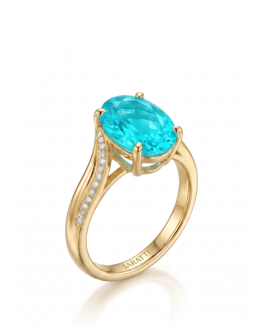 Yellow gold view of Aveline Vow Oval Paraiba Tourmaline diamond bypass setting | SARATTI